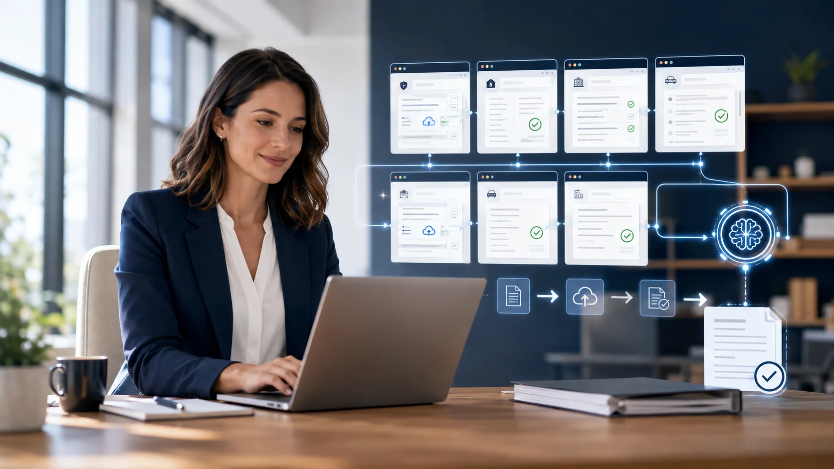 Insurance agency quote automation workflow connecting carrier portals, documents, AMS, and follow-up
