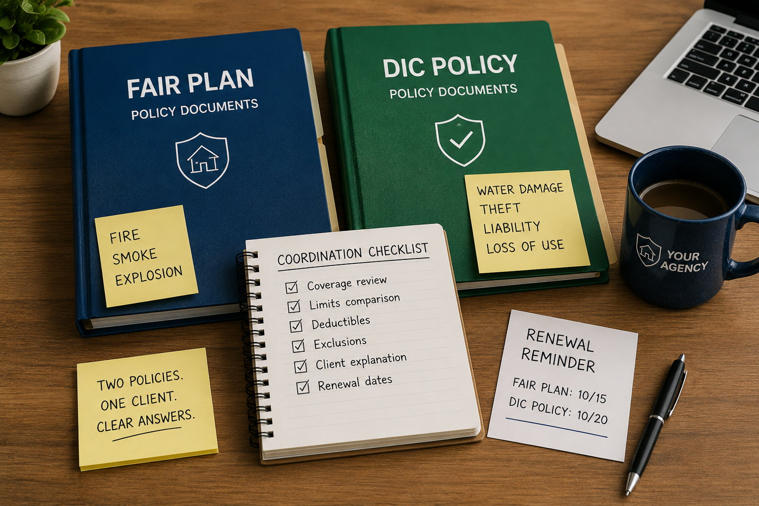 Two insurance policy folders labeled FAIR Plan and DIC with a checklist
