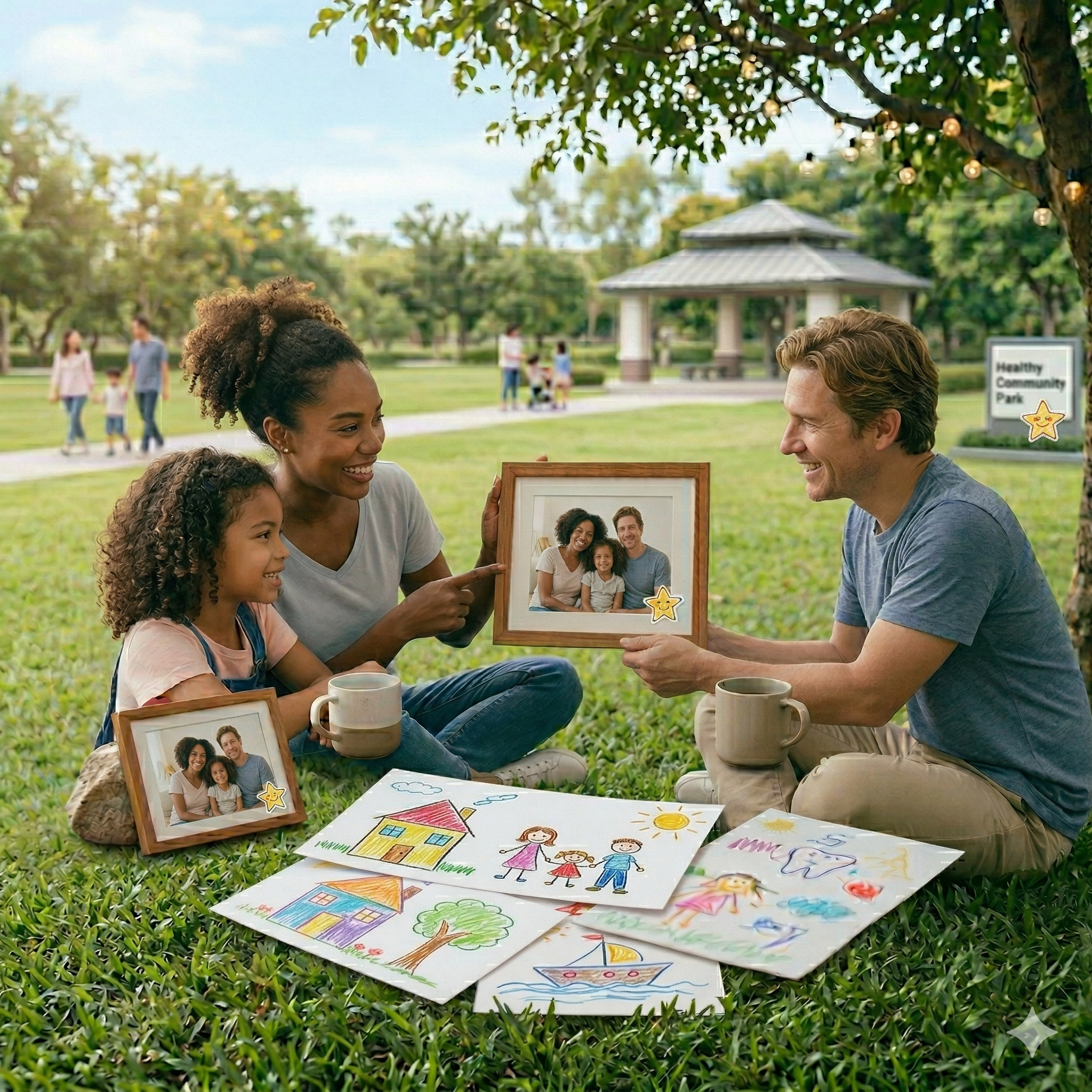 Family seated in a park
